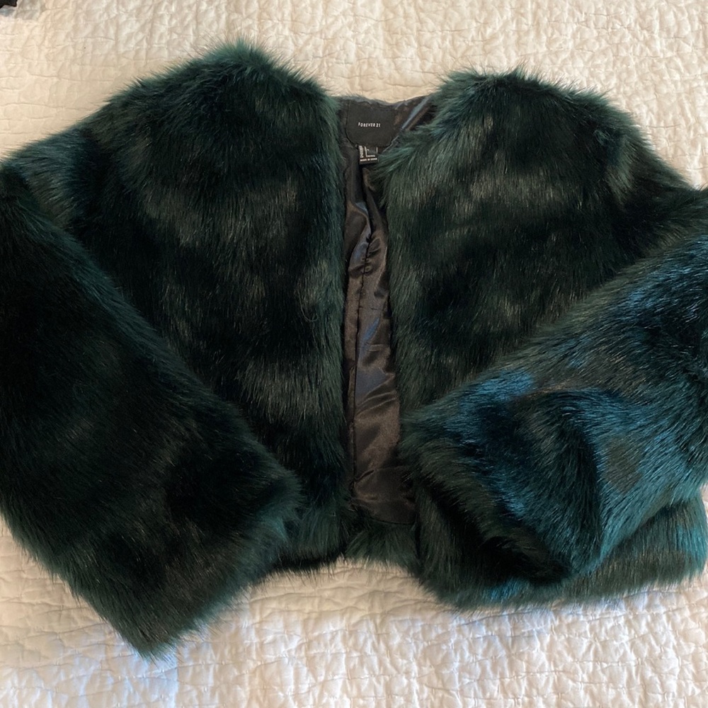 Dark Green Faux Fur Cropped Jacket
